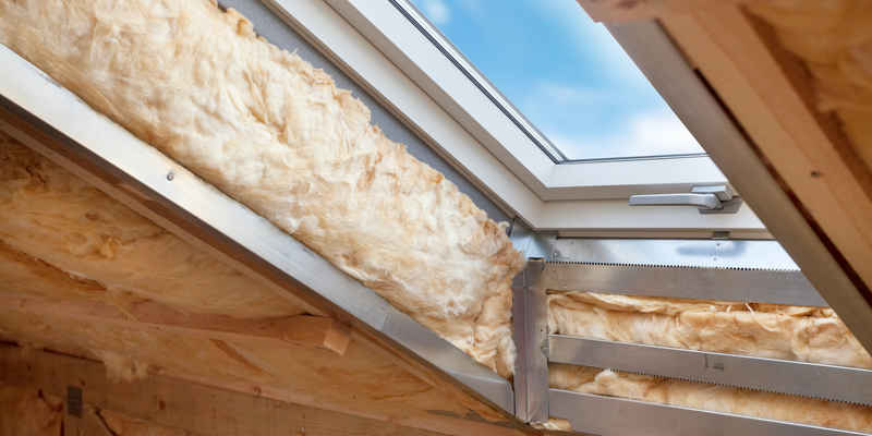 Plastic (mansard) or skylight window on attic with environmentally friendly and energy efficient thermal insulation rockwool.