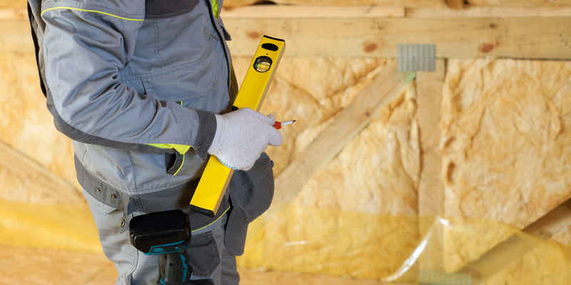 Construction mason worker with building level and screwdriver on attic with environmentally friendly and energy efficient thermal insulation rockwool.